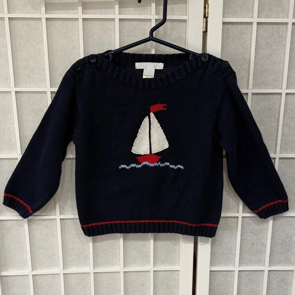 Janie and Jack Navy Sweater with Sailboat Size 18-24m